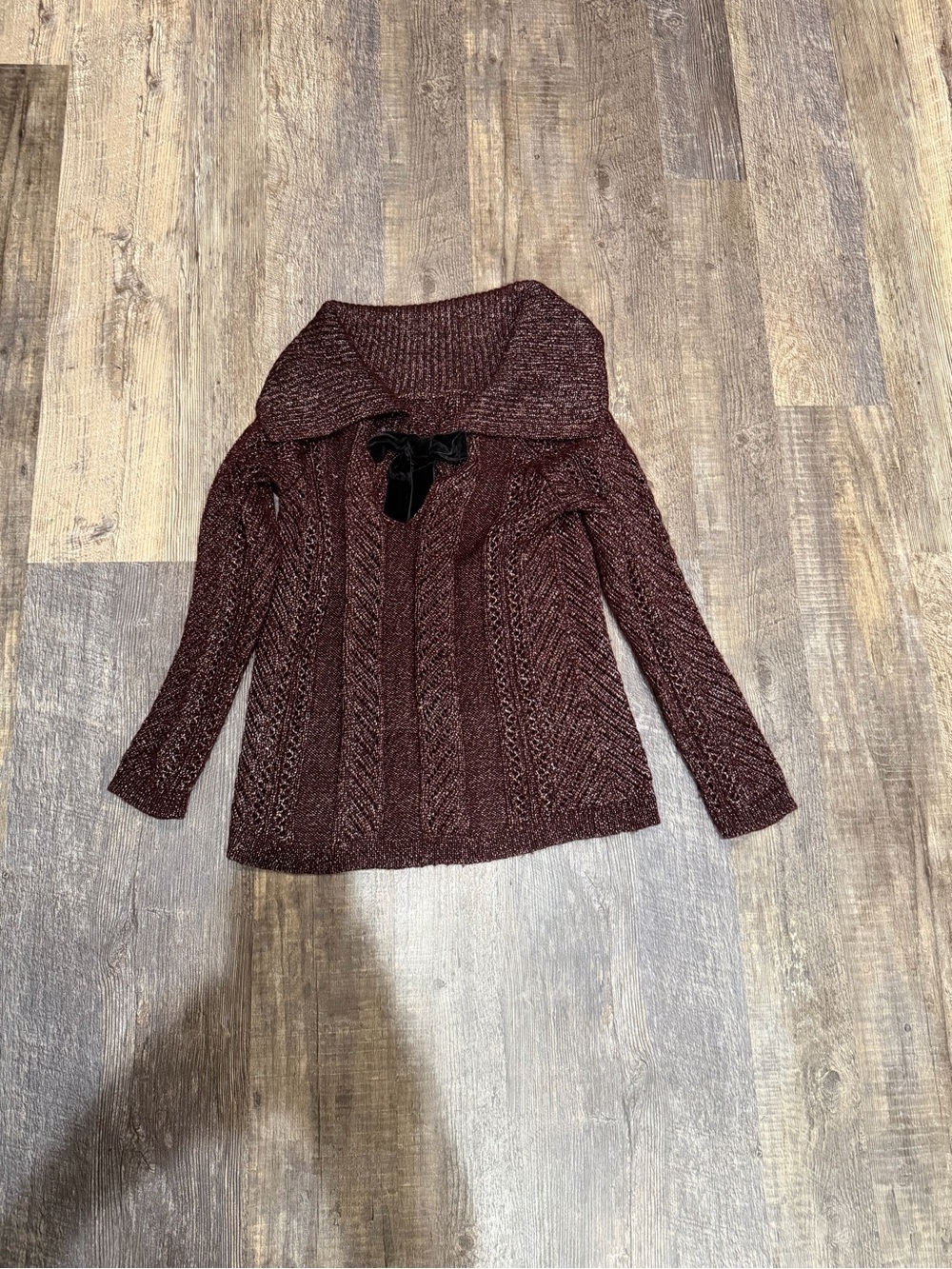White House Black Market Maroon Cable-Knit Turtleneck Sweater with Velvet Tie